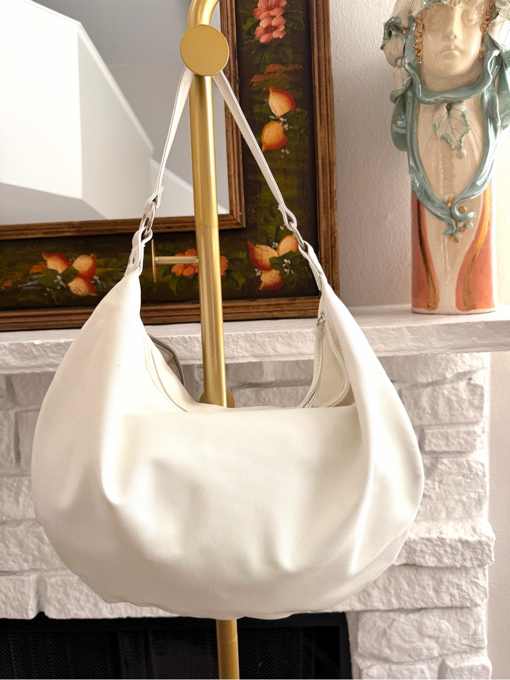 White Taupe Zipper Rose Hobo Shoulder Bag Y2K Statement Purse - Picture 6 of 8